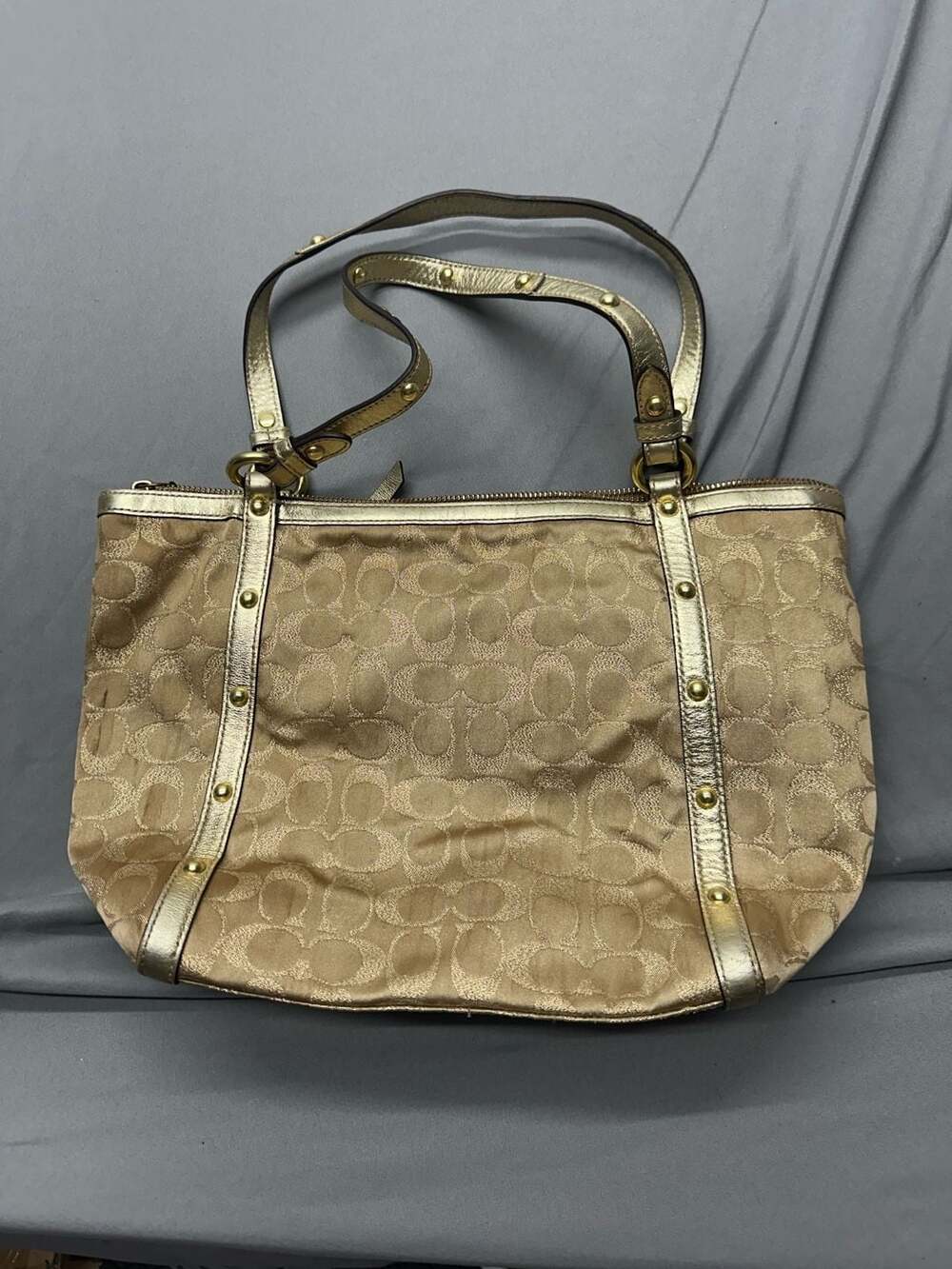 Coach Signature Stripe Studded Lurex Gold Shoulder Handbag Purse 12905